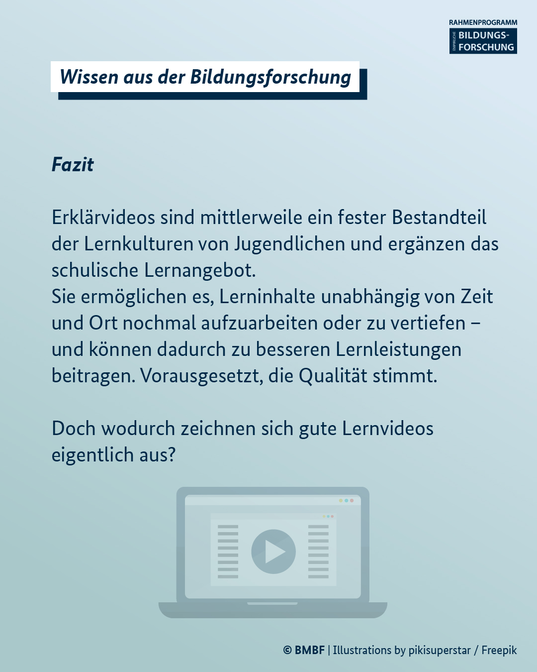 Fazit: Erklärvideos sind mittlerweile ein fester Bestandteil der Lernkulturen von Jugendlichen und ergänzen das schulische Lernangebot. Sie ermöglichen es, Lerninhalte unabhängig von Zeit und Ort nochmal aufzuarbeiten oder zu vertiefen – und können dadurch zu besseren Lernleistungen beitragen. Vorausgesetzt, die Qualität stimmt. Doch wodurch zeichnen sich gute Lernvideos eigentlich aus?